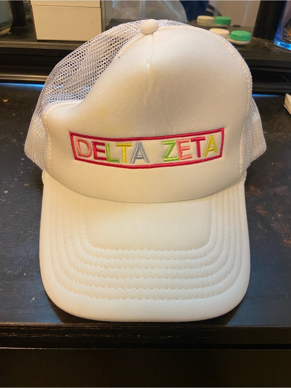 White Delta Zeta Baseball Cap Hat With Colorful Letters & Adjustable Strap